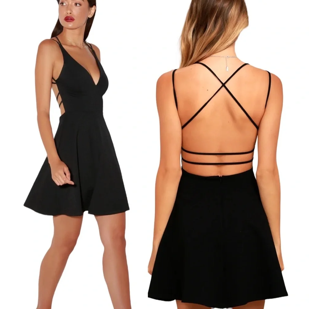 Lulu’s Dress Believe in Love Black Backless Skater Mini S NWT
